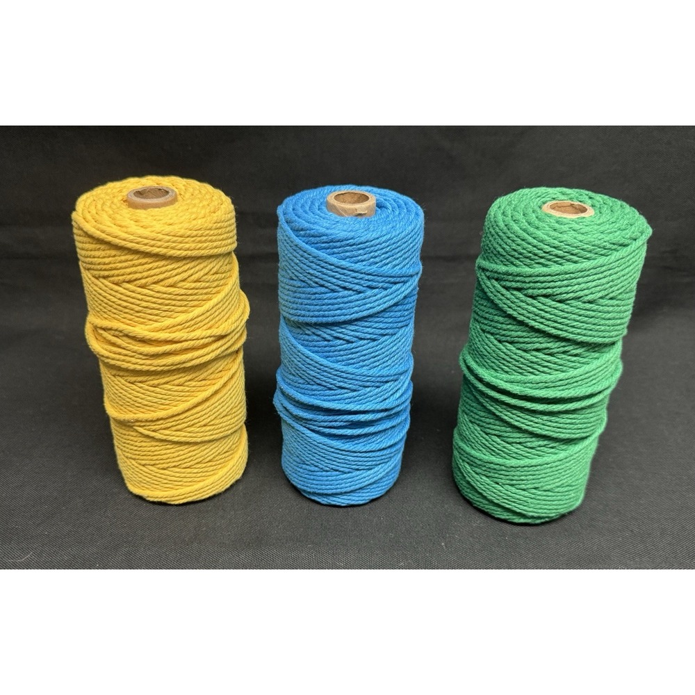 Lot Of 3 Twisted Macrame Spools Of Cord Yellow Blue And Green Craft Project